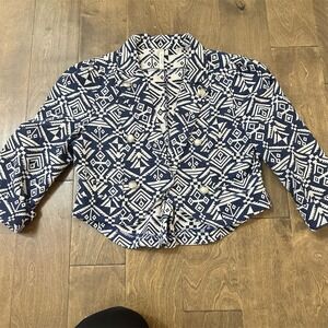 Eye Candy Womens Jacket Size L Blue White Aztec Geometric Cropped Blazer